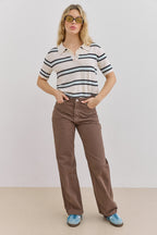 Women's Striped Short Sleeve Polo Shirt with Button Placket
