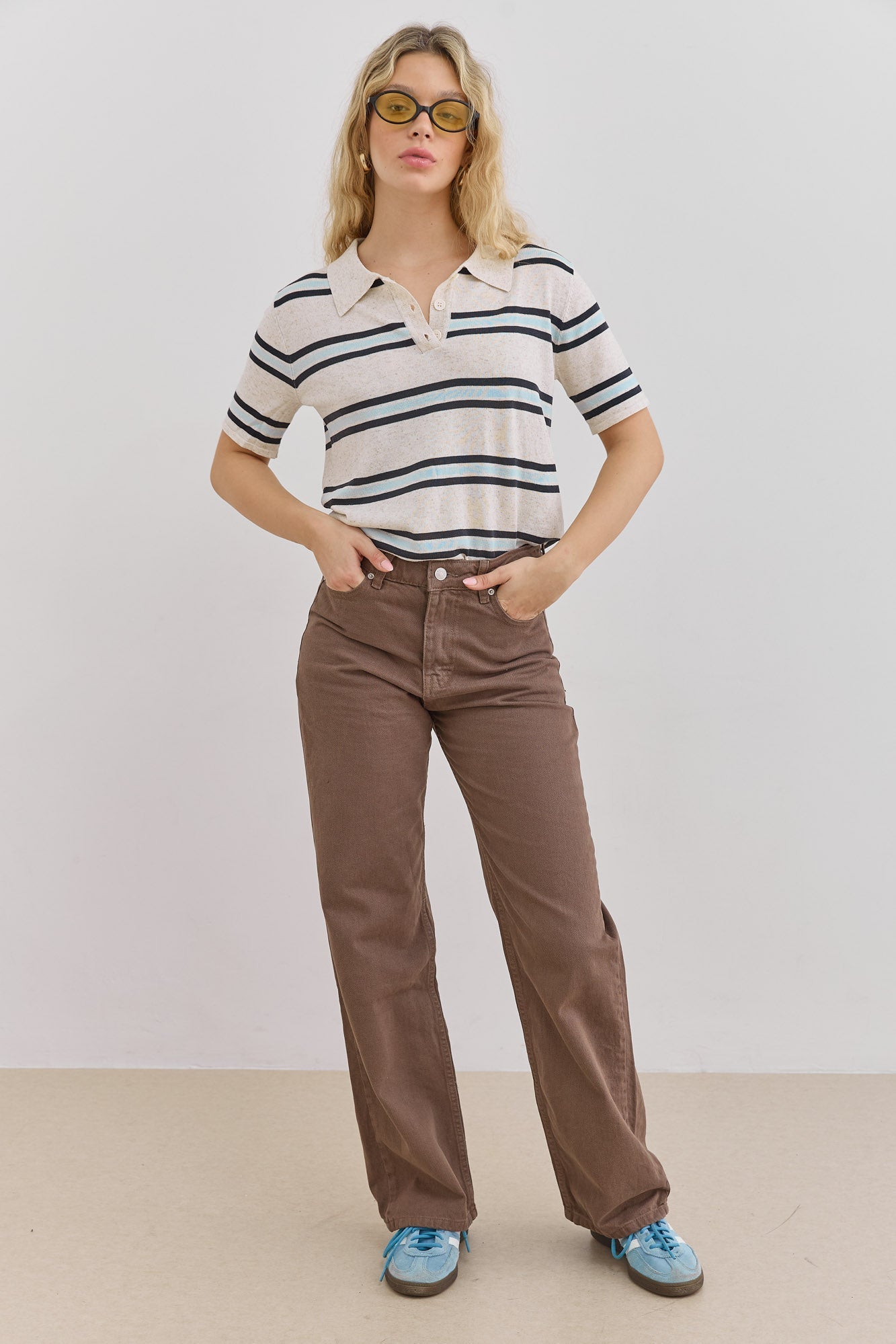 Women's Striped Short Sleeve Polo Shirt with Button Placket