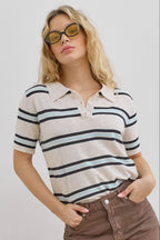 Women's Striped Short Sleeve Polo Shirt with Button Placket