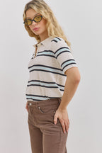 Women's Striped Short Sleeve Polo Shirt with Button Placket