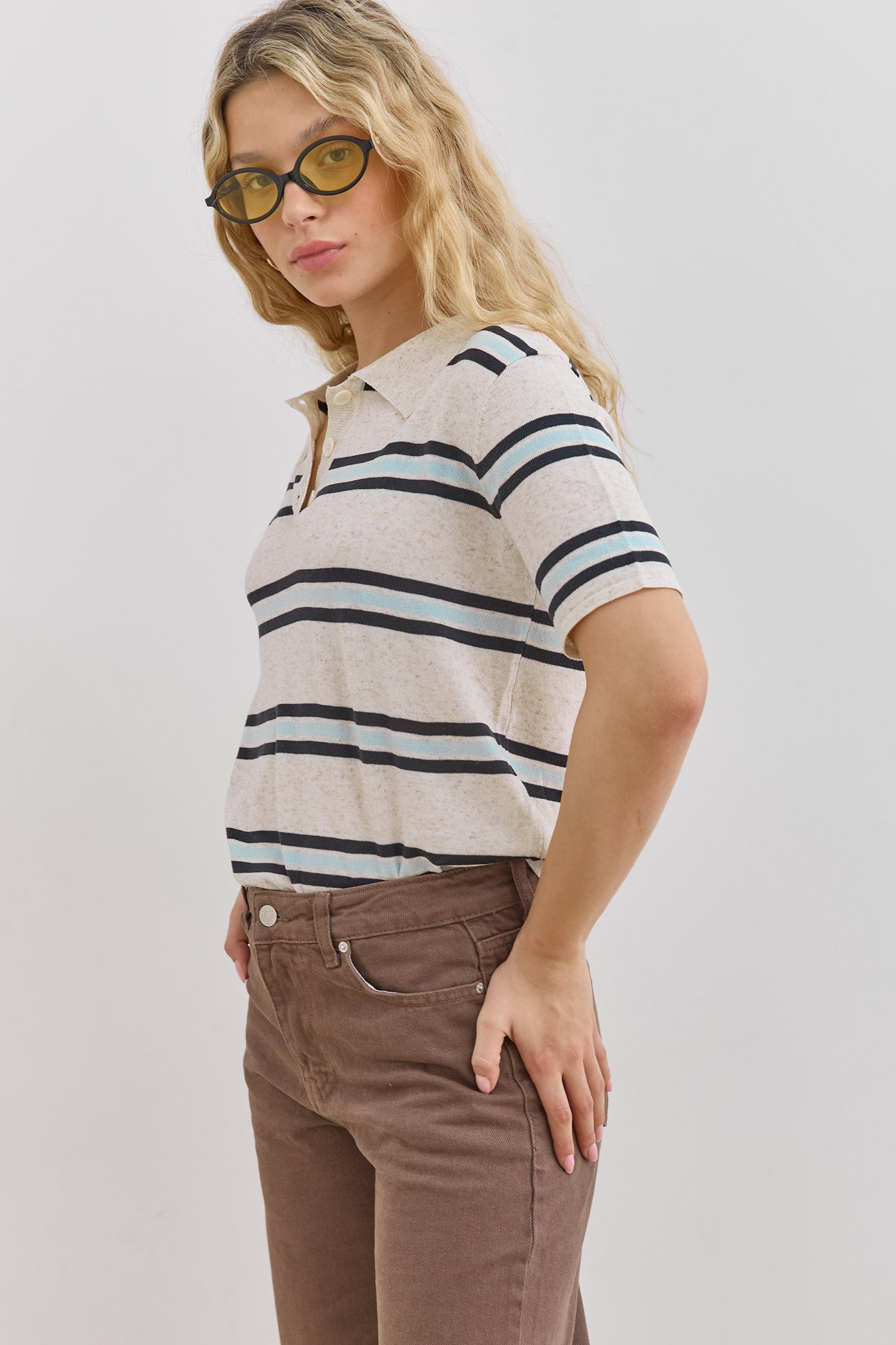 Women's Striped Short Sleeve Polo Shirt with Button Placket