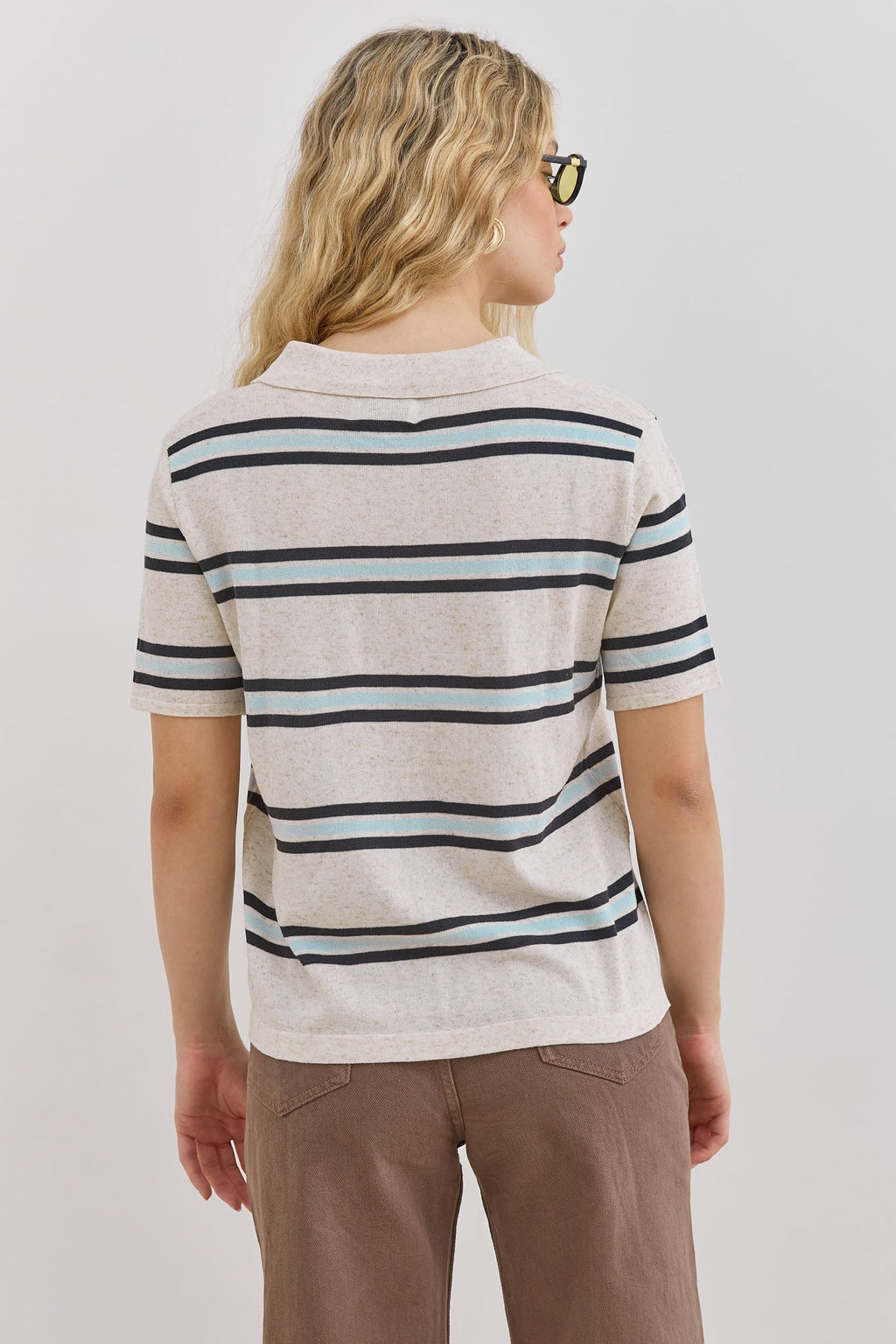 Women's Striped Short Sleeve Polo Shirt with Button Placket - Khaki Sky Blue