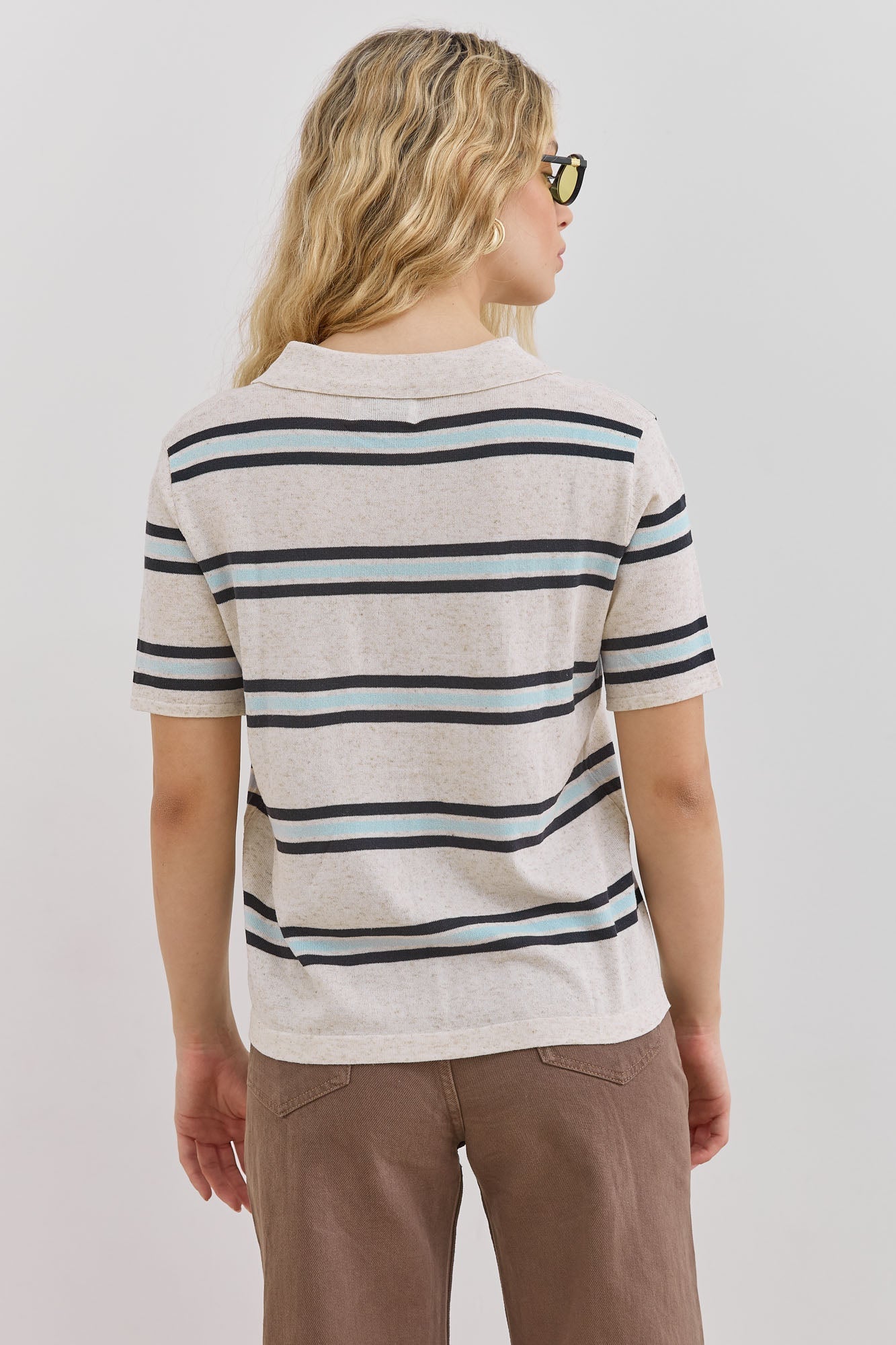 Women's Striped Short Sleeve Polo Shirt with Button Placket - Khaki Sky Blue