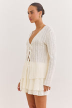 Women's Open-Knit Cardigan with V-Neck Tie Front and Long Sleeves