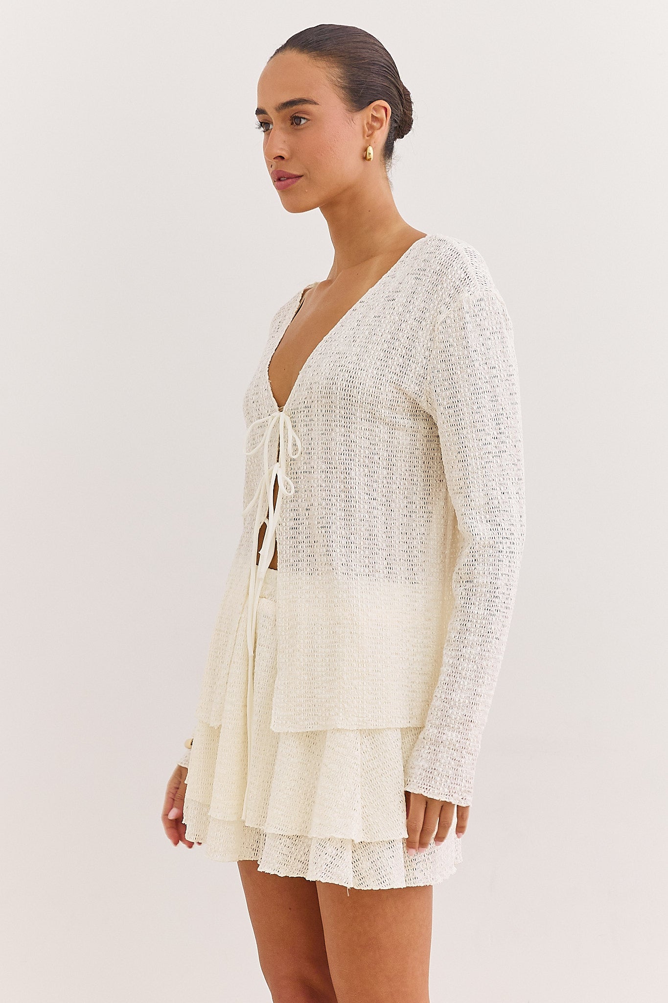 Women's Open-Knit Cardigan with V-Neck Tie Front and Long Sleeves