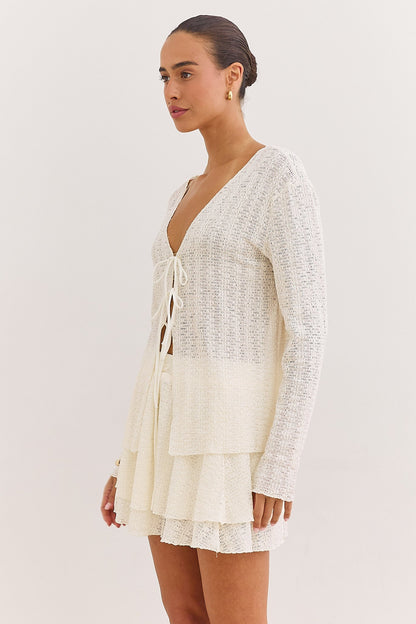 Women's Open-Knit Cardigan with V-Neck Tie Front and Long Sleeves