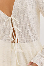 Women's Open-Knit Cardigan with V-Neck Tie Front and Long Sleeves - White