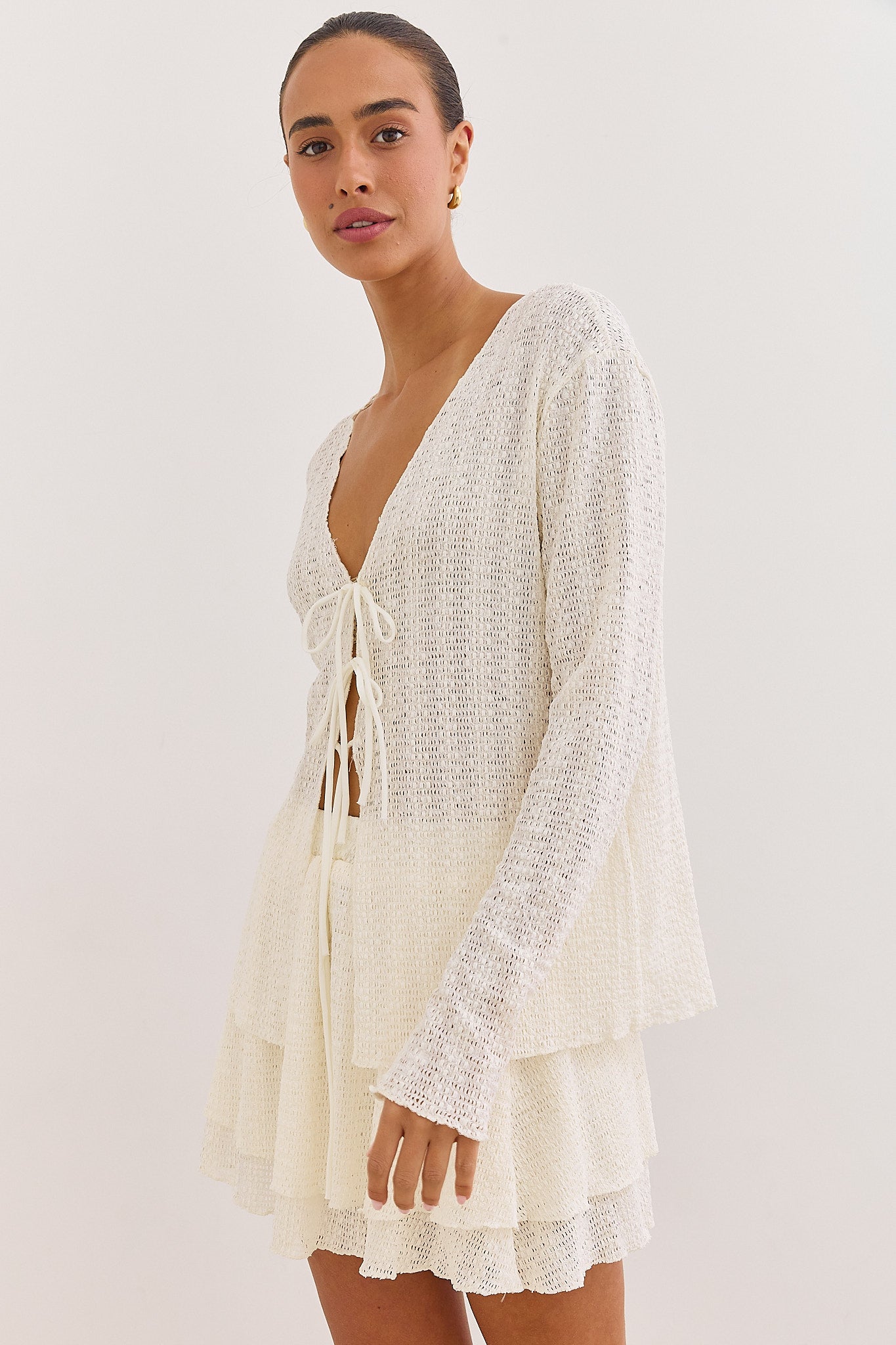 Women's Open-Knit Cardigan with V-Neck Tie Front and Long Sleeves