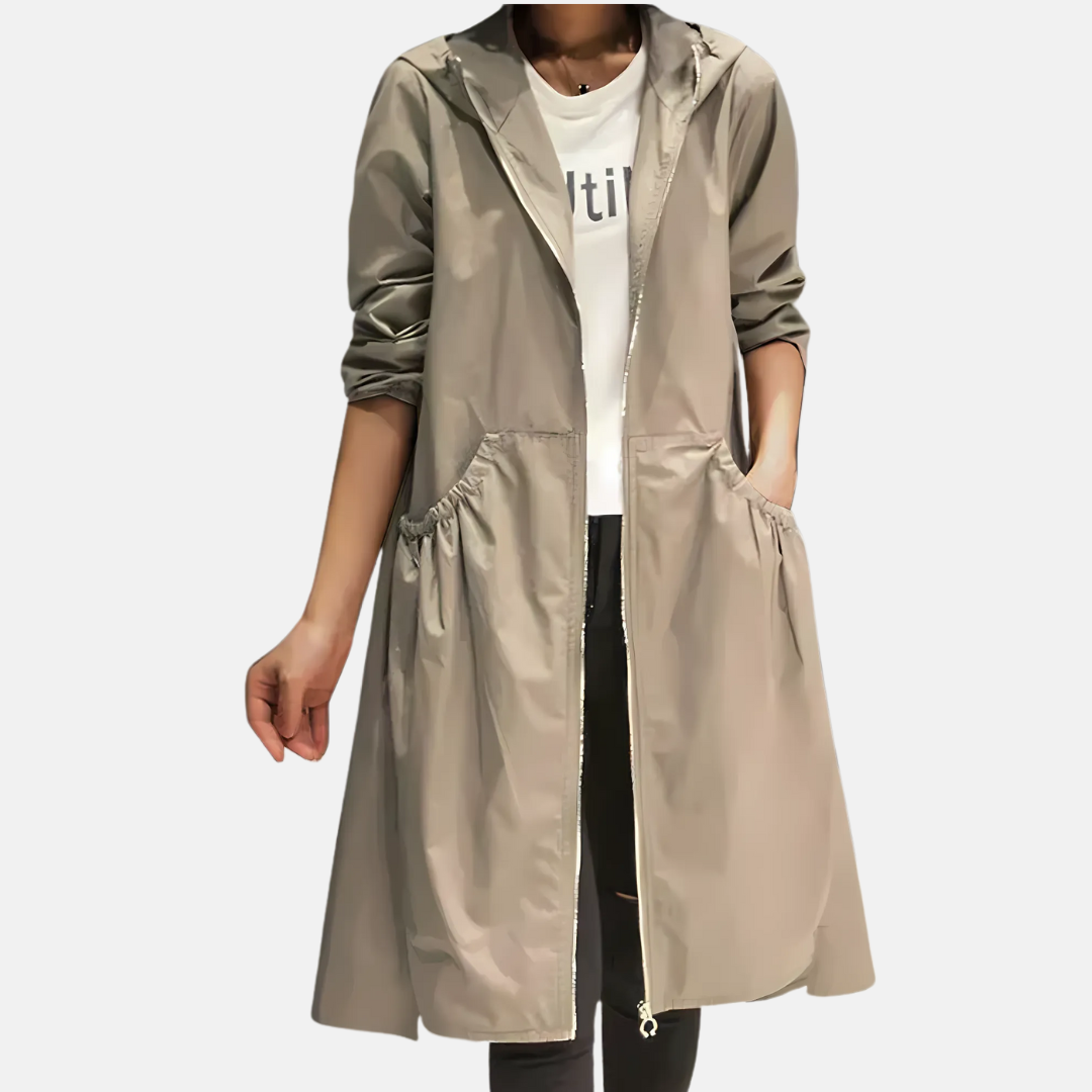 Women's Hooded Waterproof Knee-Length Coat with Zip - Beige