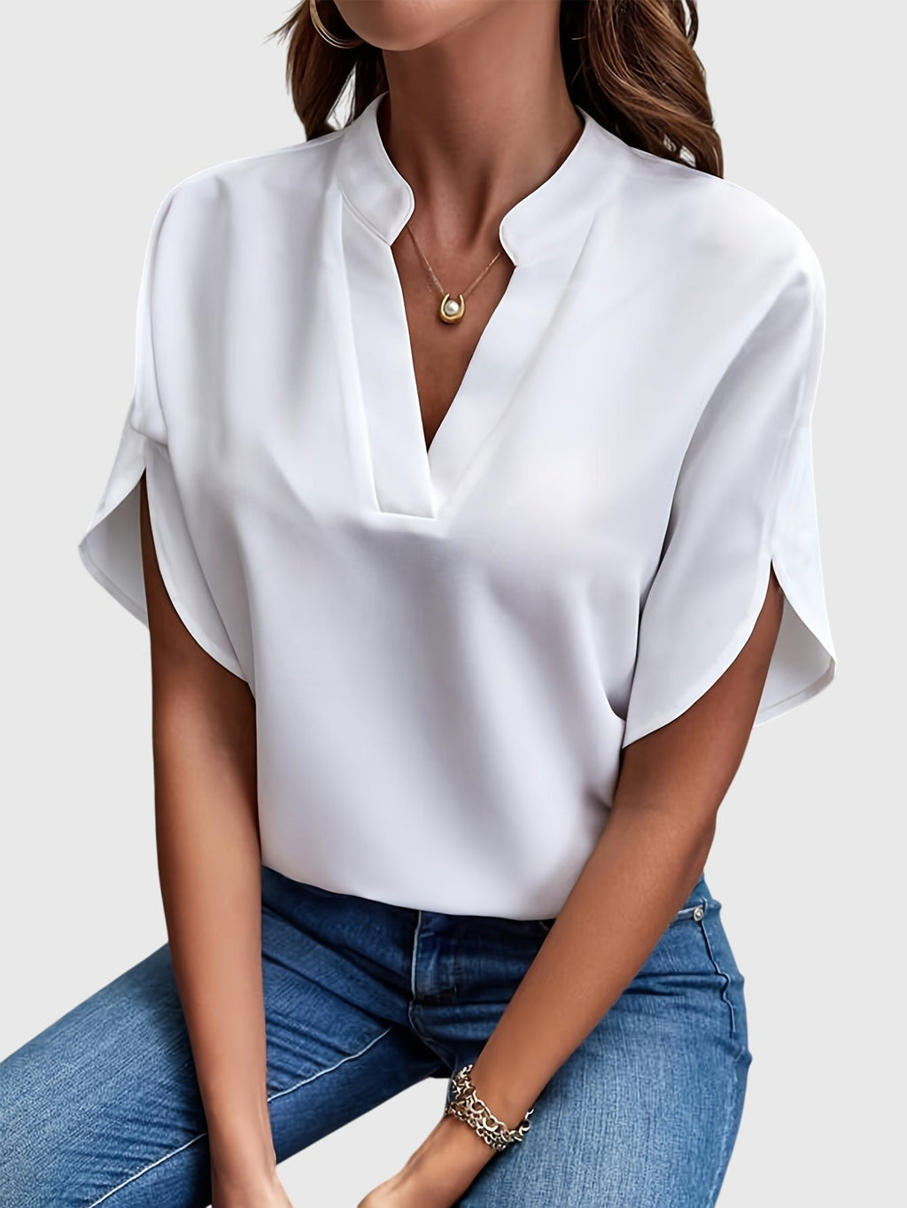 Women's Blouse Short Sleeve with V-Neck and Split Cuffs - 3