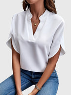 Women's Blouse Short Sleeve with V-Neck and Split Cuffs - 3