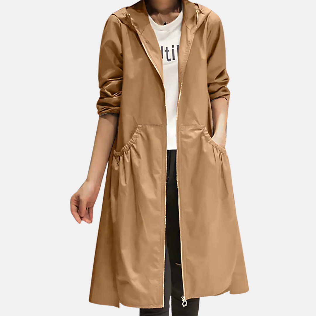 Women's Hooded Waterproof Knee-Length Coat with Zip - Light Brown