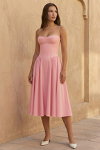Women's Midi Dress Sleeveless with Sweetheart Neckline and A-Line Skirt - Pink