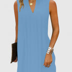 Women's Sleeveless Dress with V-Neck and Pleated Detail - 15