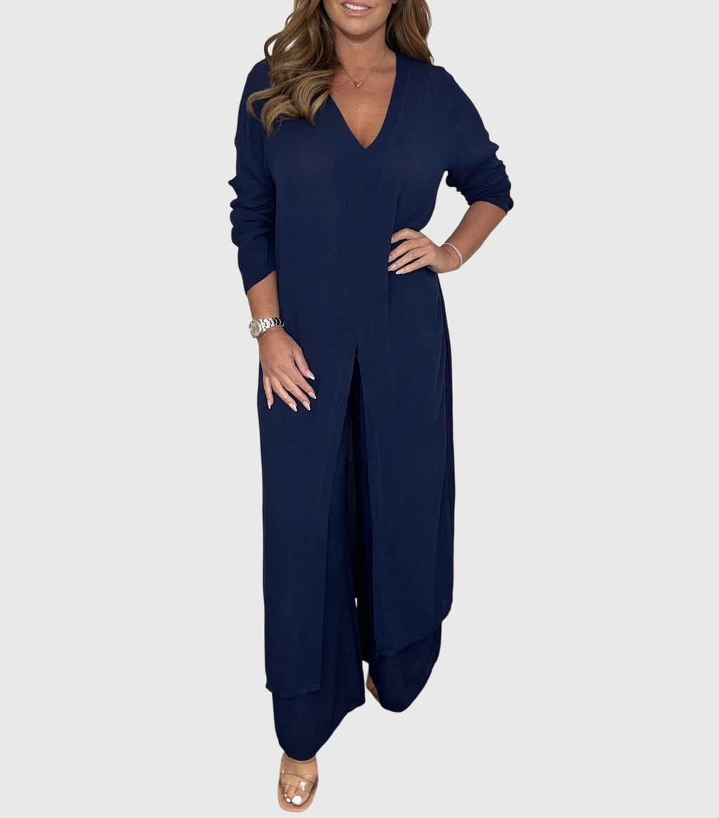 Women's Two-Piece Set with Long Blouse and Wide-Leg Trousers - Navy Blue