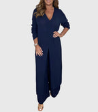Women's Two-Piece Set with Long Blouse and Wide-Leg Trousers - Navy Blue