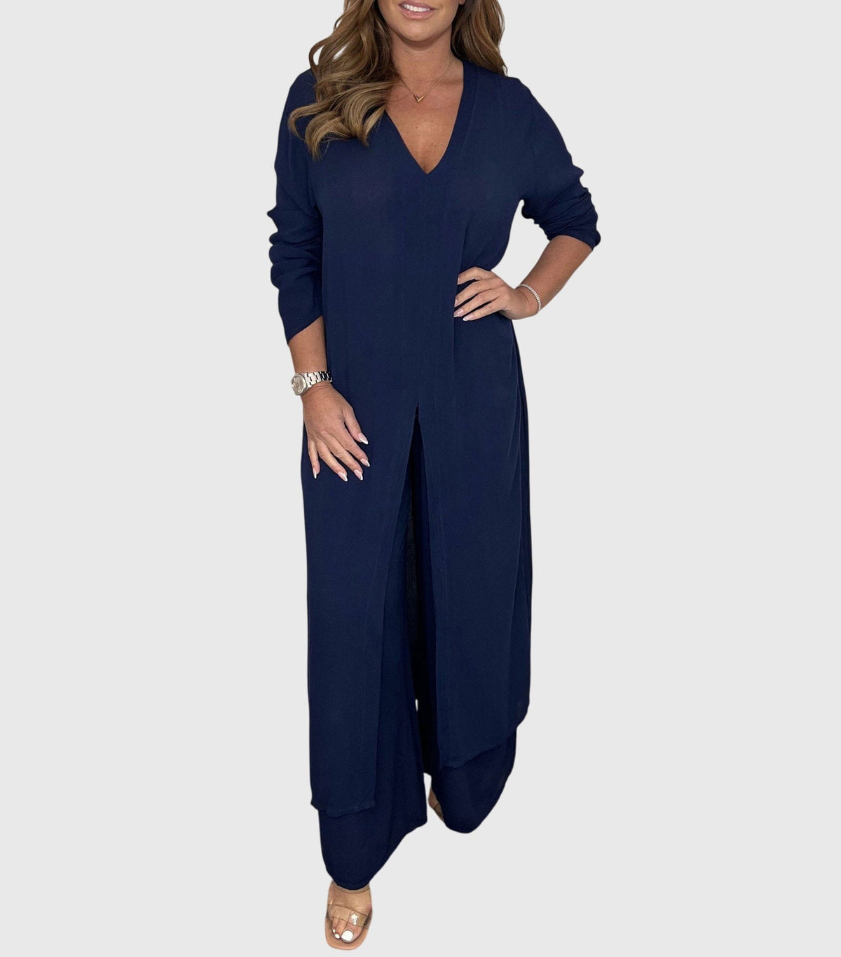 Women's Two-Piece Set with Long Blouse and Wide-Leg Trousers - Navy Blue