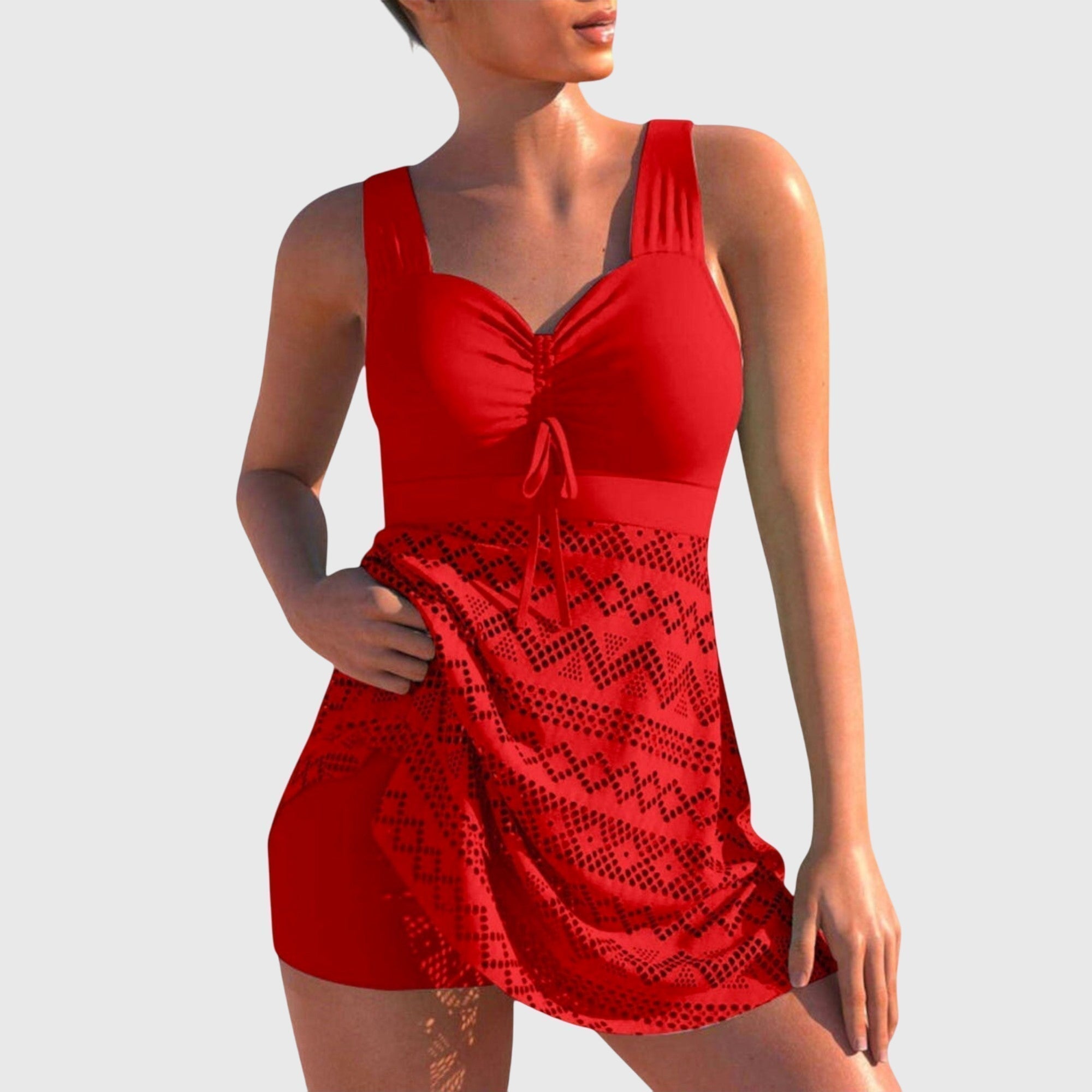 Swim Dress with Ruched Front Tie and Printed Skirt Overlay - Red