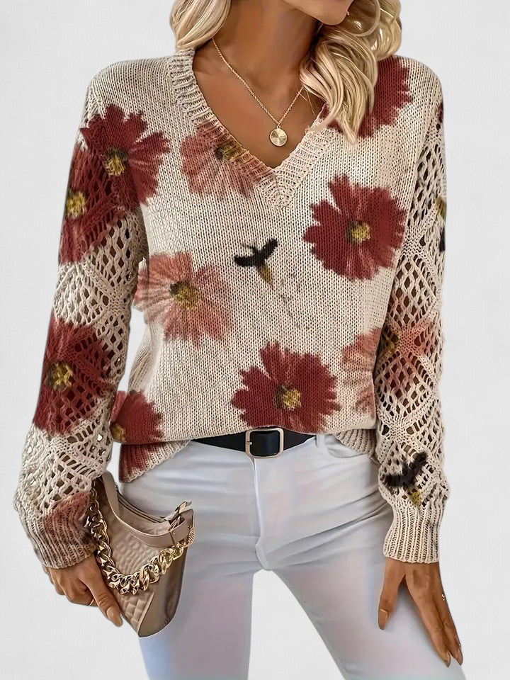 Women's Cardigan Floral Print with Lattice Sleeves and V-Neck - 12