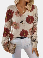 Women's Jumper V-Neck Floral Print with Crochet Sleeves - 12