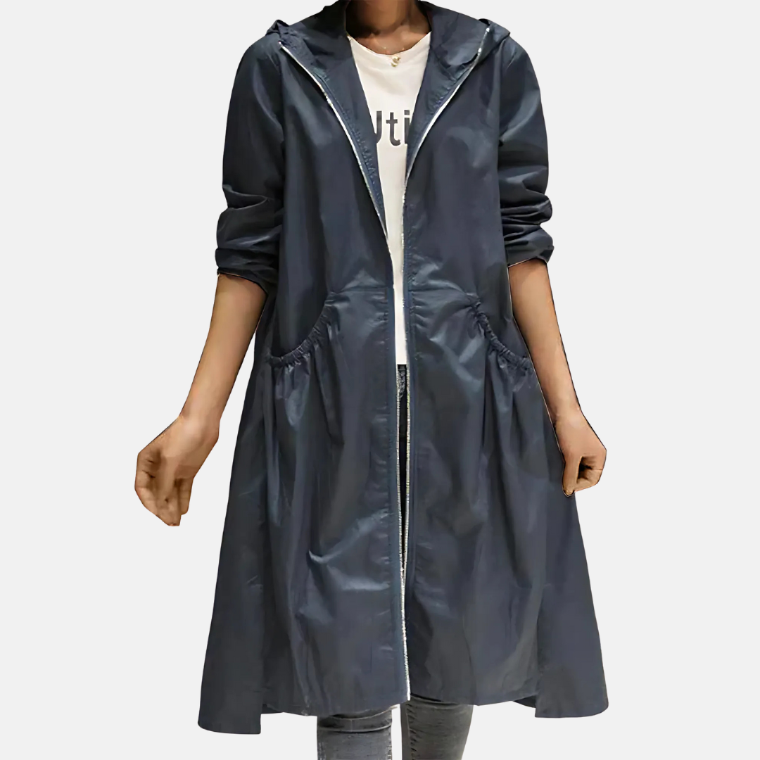 Women's Hooded Waterproof Knee-Length Coat with Zip - Navy Blue