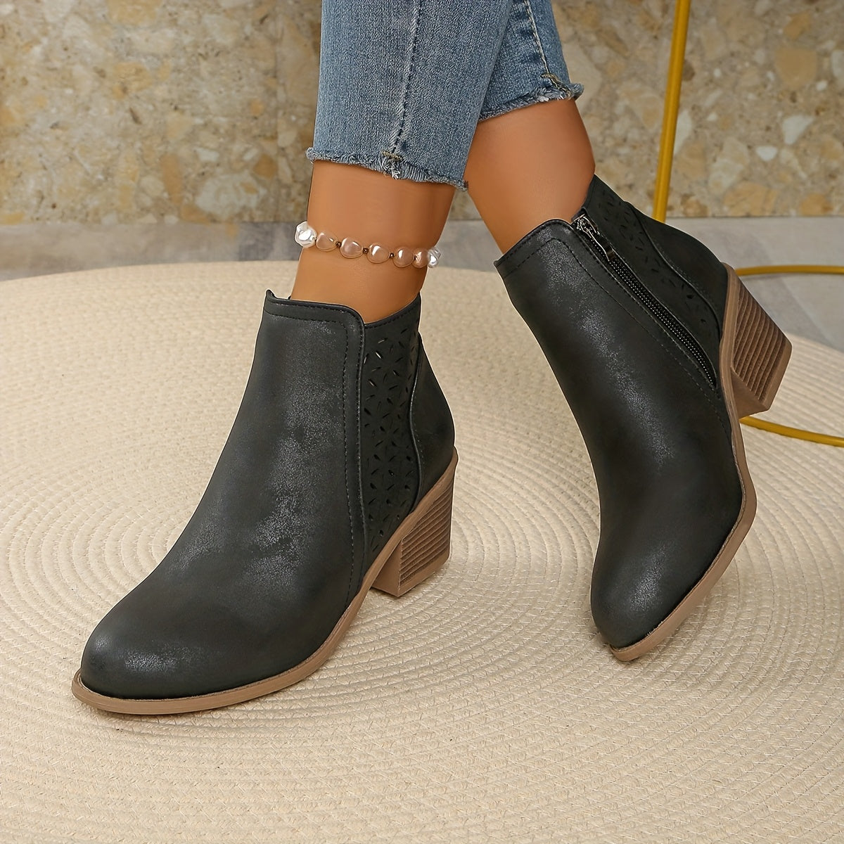 Women's Ankle Boots with Laser-Cut Detail and Block Heel - 6