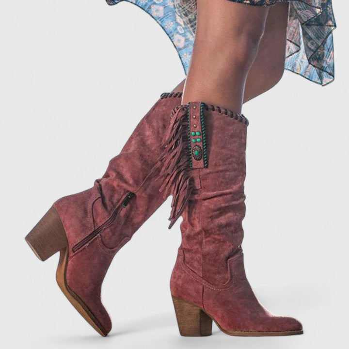 Women's Knee-High Boots with Fringe Detail and Block Heel - Red