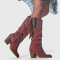 Women's Knee-High Boots with Fringe Detail and Block Heel - Red