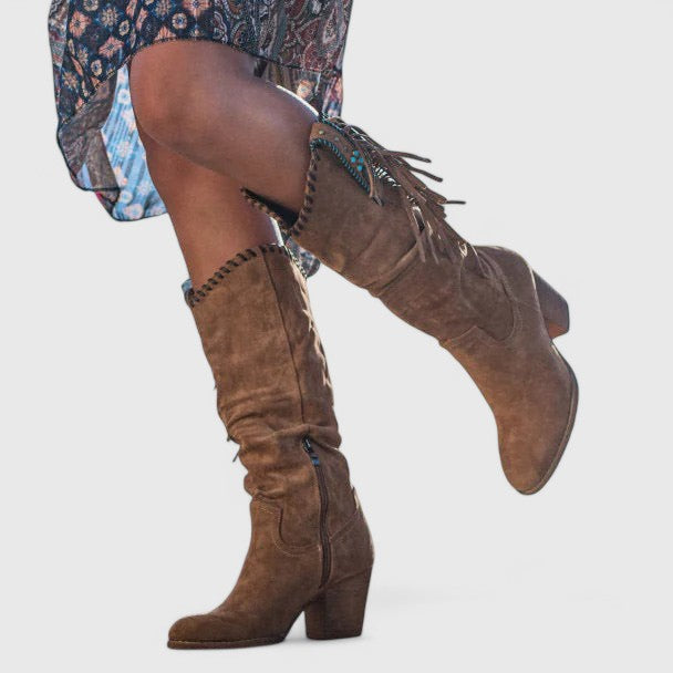 Women's Knee-High Boots with Fringe Detail and Block Heel - 2