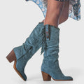 Women's Knee-High Boots with Fringe Detail and Block Heel - Blue