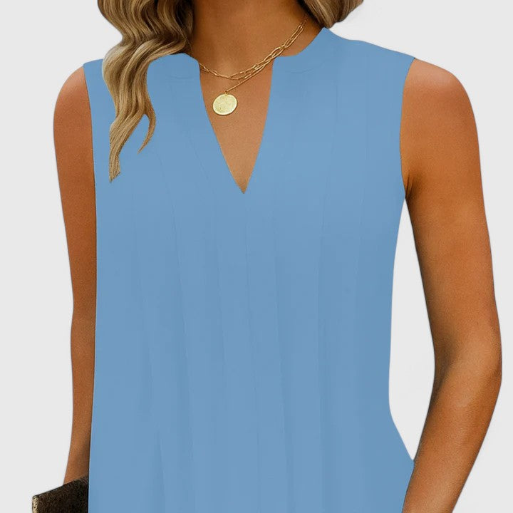 Women's Sleeveless Dress with V-Neck and Pleated Detail - 16