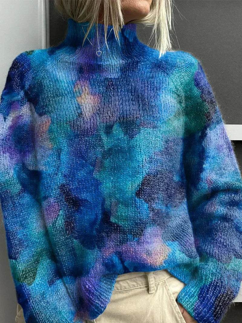 Women's Jumper Loose Fit with Turtleneck and Ribbed Detail - Blue