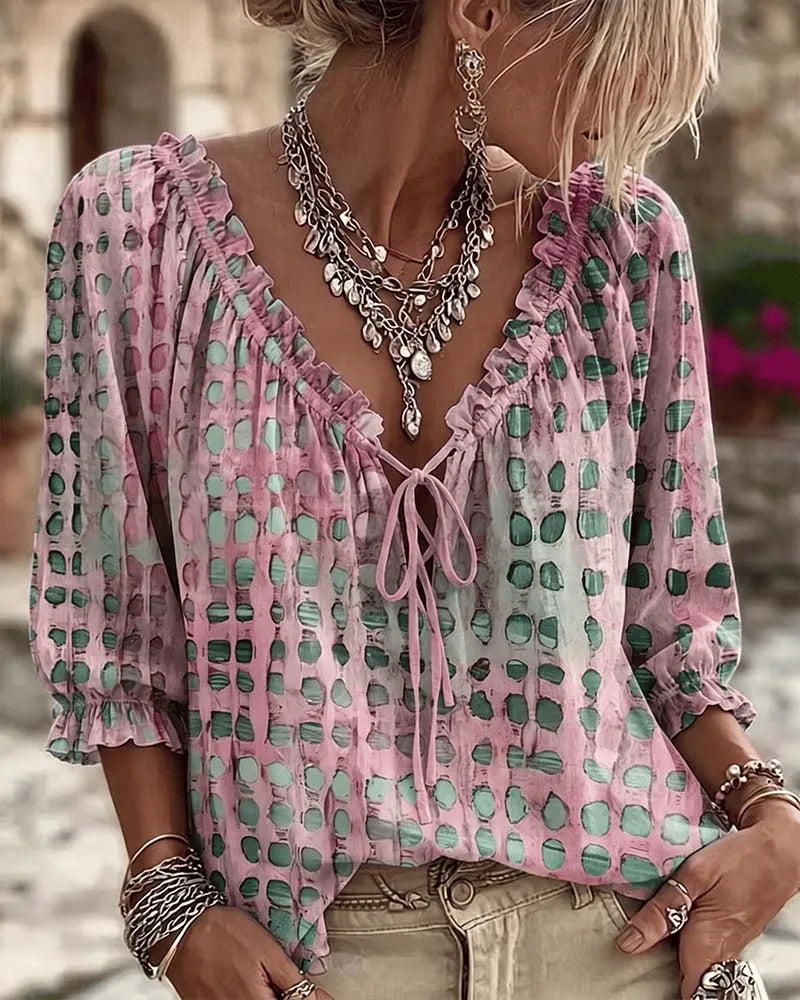 Women's Blouse Tie-Neck V-Neck with Puff Sleeves - Pink