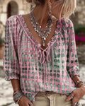 Women's Blouse Tie-Neck V-Neck with Puff Sleeves - Pink