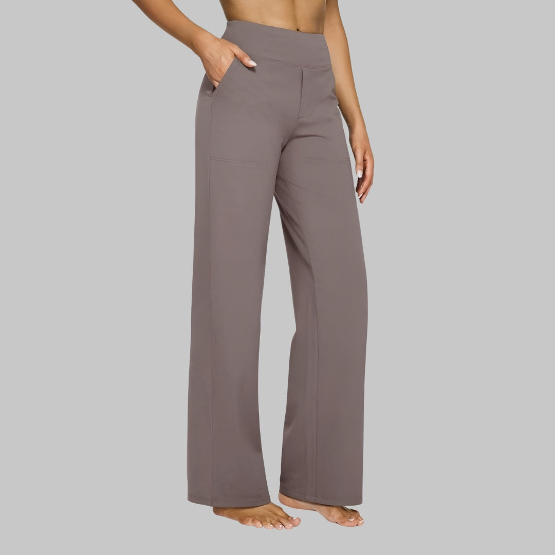 Women's Straight Leg Trousers with High Waist and Pockets - Taupe