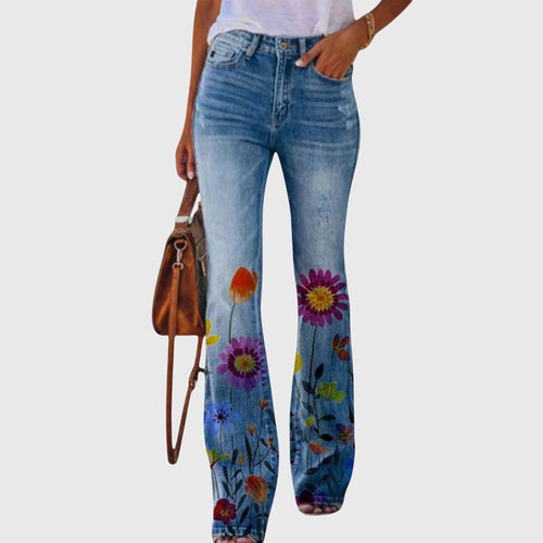 Women's Wide Leg Trousers with Floral Print and Button Detailing - Red Flower