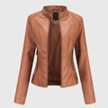 Women's Faux Leather Jacket with Stand Collar and Zip Front - Light brown