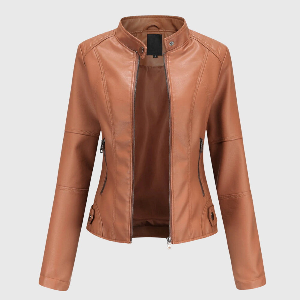 Women's Faux Leather Jacket with Stand Collar and Zip Front - Light brown
