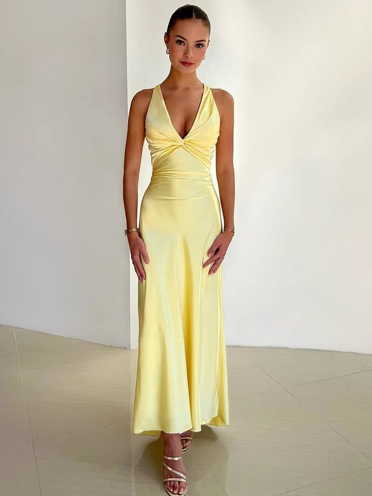 Women's Maxi Dress Wide-Strap V-Neck with Twist-Front Detail - Yellow