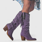 Women's Knee-High Boots with Fringe Detail and Block Heel - Purple