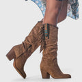 Women's Knee-High Boots with Fringe Detail and Block Heel - Brown