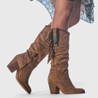 Women's Knee-High Boots with Fringe Detail and Block Heel - Brown