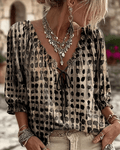 Women's Blouse Tie-Neck V-Neck with Puff Sleeves - Black