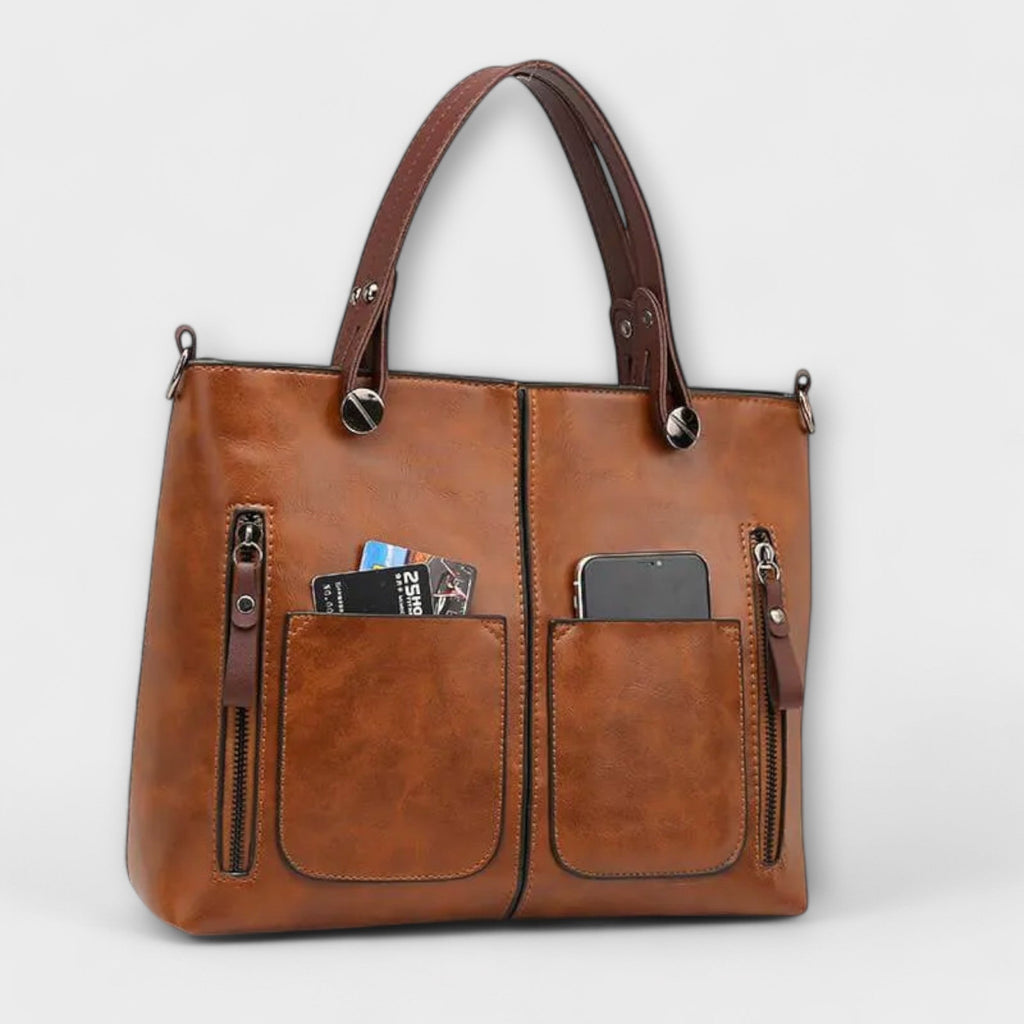Women's Structured Tote Handbag with Front Pockets - 3