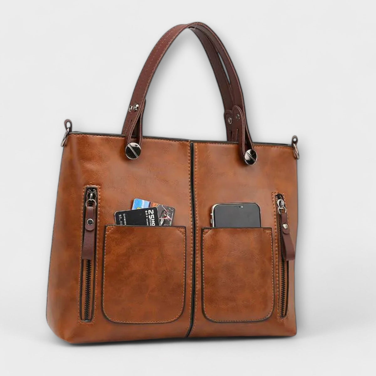 Women's Structured Tote Handbag with Front Pockets - 3