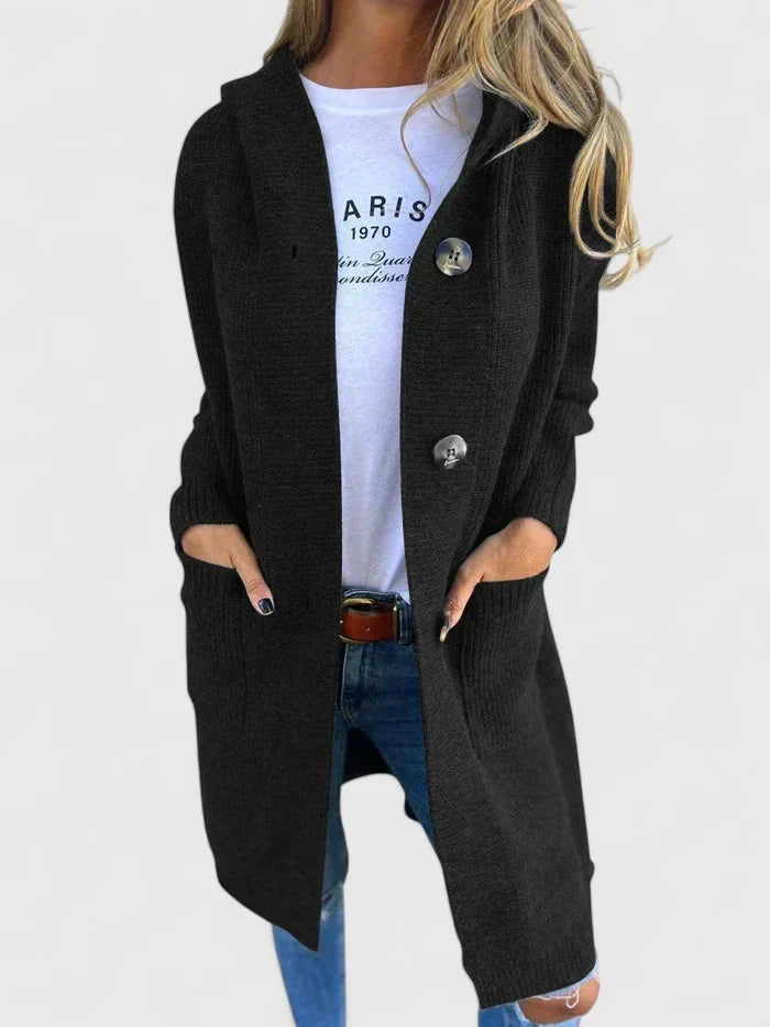 Women's Longline Cardigan with Hood and Button Front - Black