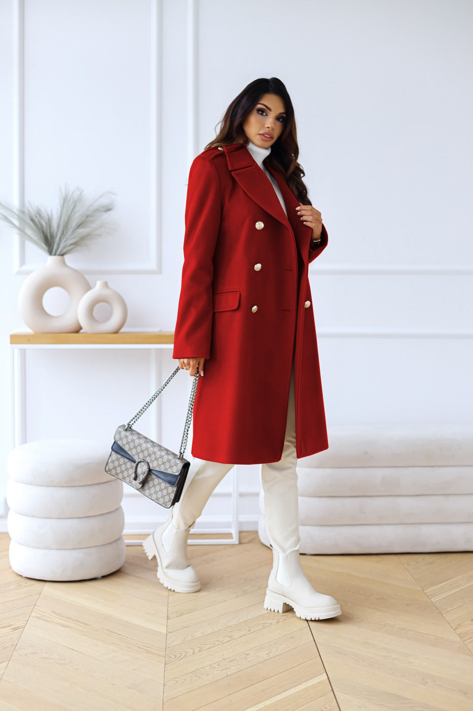 Women's Double-Breasted Wool Coat Gold Button Detail - 8