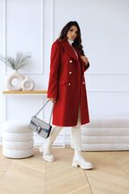 Women's Double-Breasted Wool Coat Gold Button Detail - 8