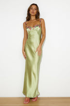 Women's Satin Maxi Dress Sleeveless with Floral Trim and V-Neck - 7