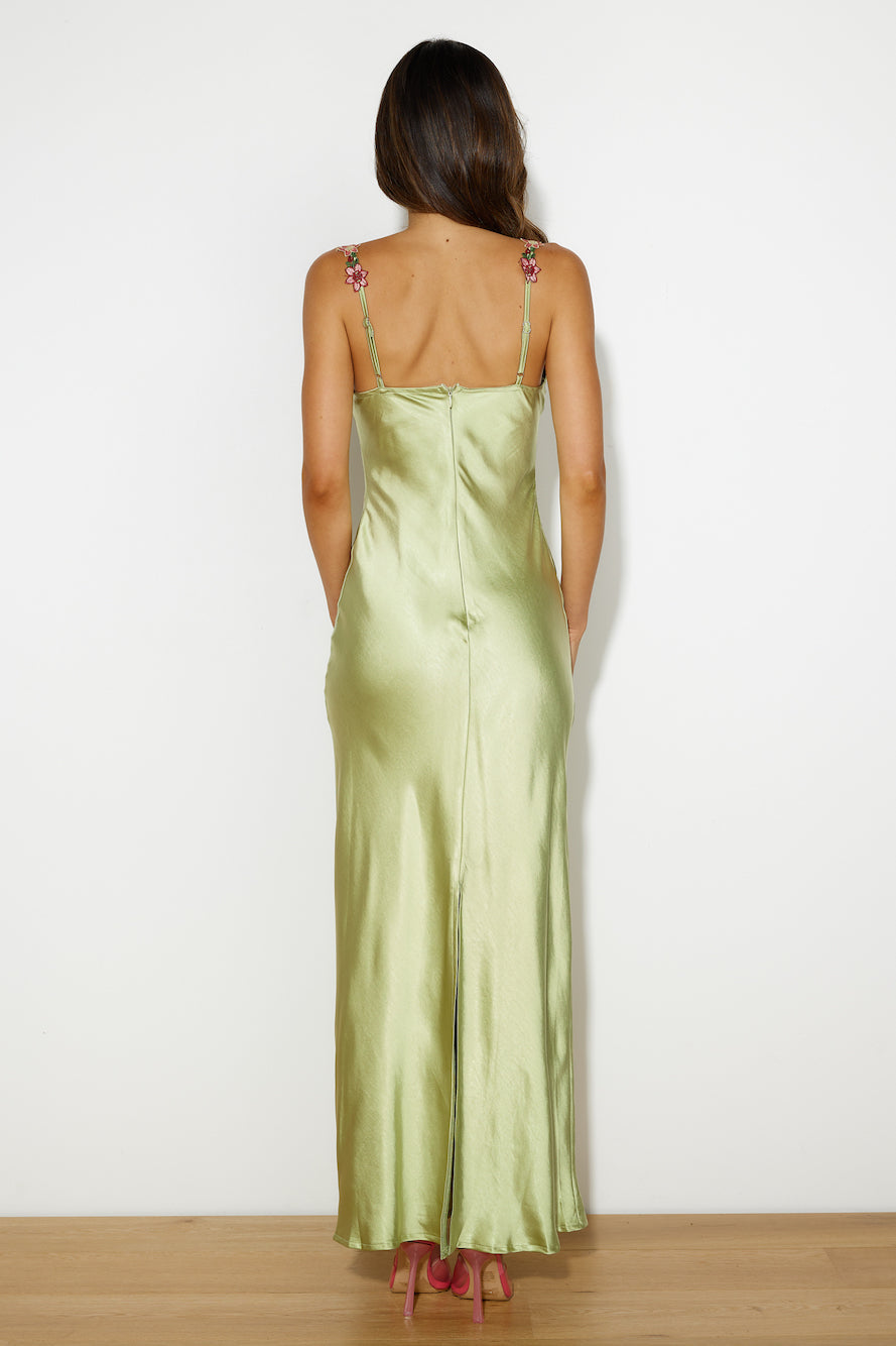 Women's Satin Maxi Dress Sleeveless with Floral Trim and V-Neck - 10
